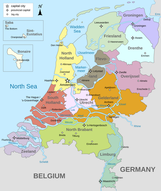 map of the Netherlands, showing the lowlands, and Dutch provinces