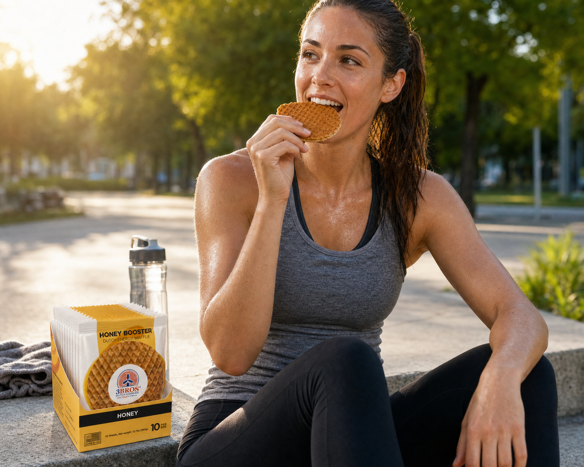Runner eating a 3 Bros Honey Booster energy waffle after a workout beside the 10-count box