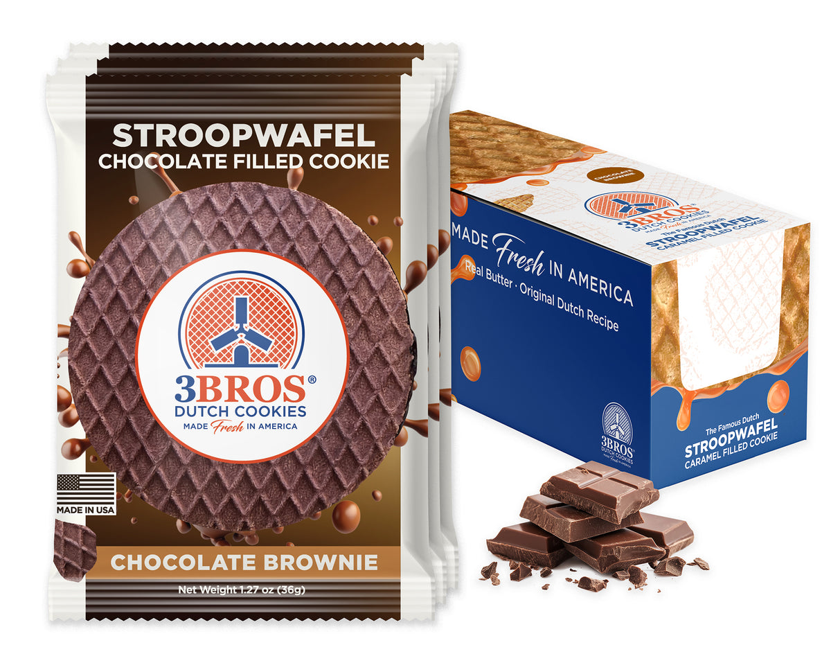 3 Bros Chocolate Brownie Stroopwafel 20-count box with individually wrapped waffle