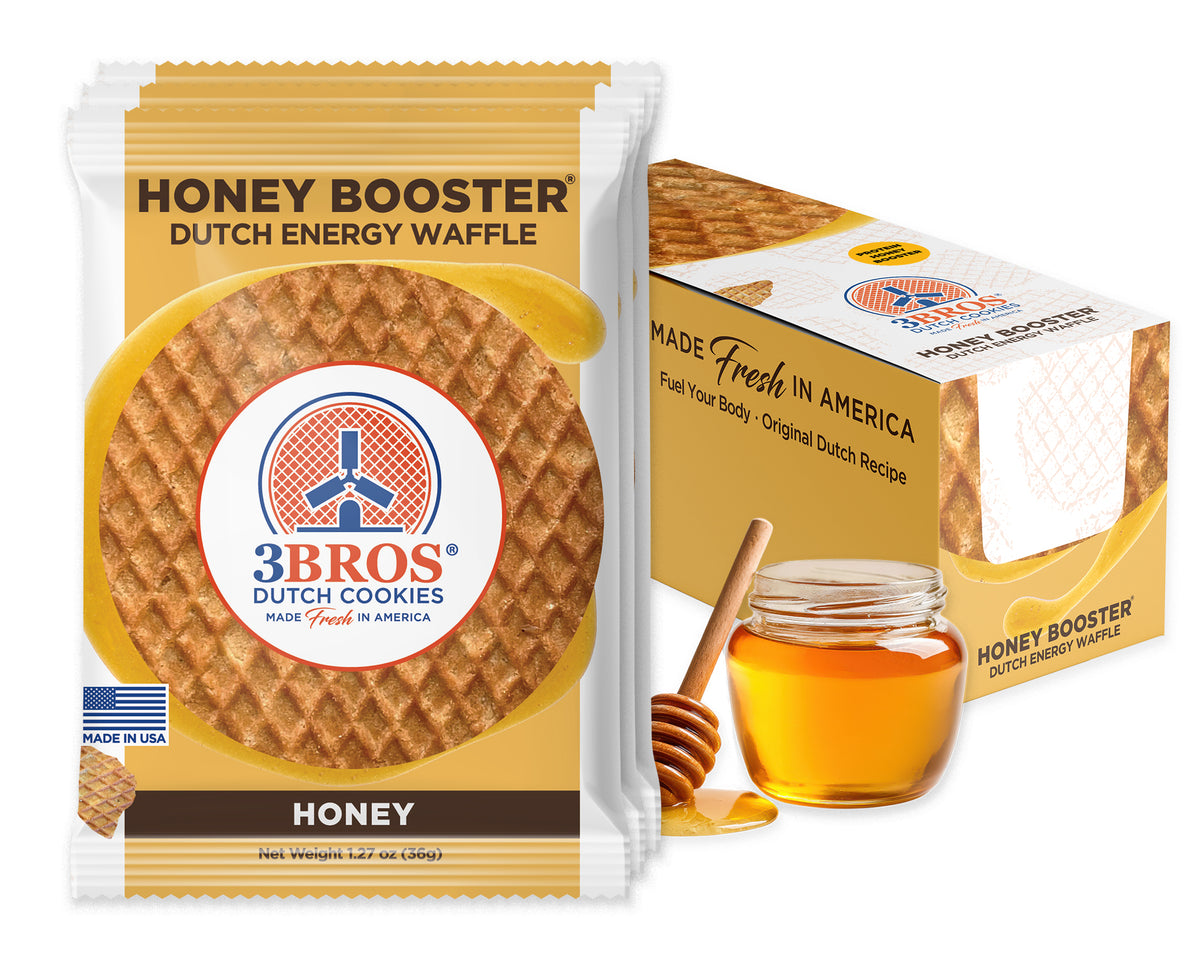 3 Bros Honey Booster Energy Waffle 20-count box with individually wrapped waffle