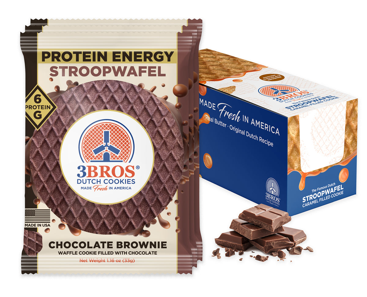 3 Bros Protein Energy Chocolate Brownie Stroopwafel 20-count box with individually wrapped waffle