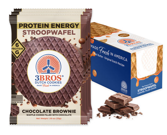 3 Bros Protein Energy Chocolate Brownie Stroopwafel 20-count box with individually wrapped waffle
