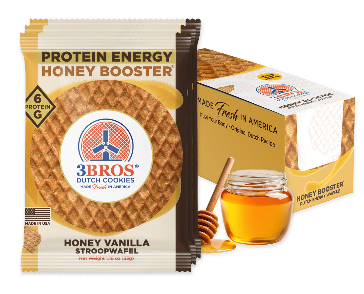 3 Bros Protein Energy Honey Booster Stroopwafel 20-count box with individually wrapped waffle