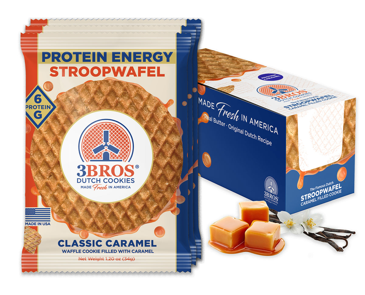 3 Bros Protein Energy Caramel Stroopwafel 20-count box with individually wrapped waffle