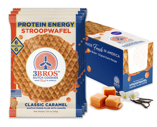 3 Bros Protein Energy Caramel Stroopwafel 20-count box with individually wrapped waffle