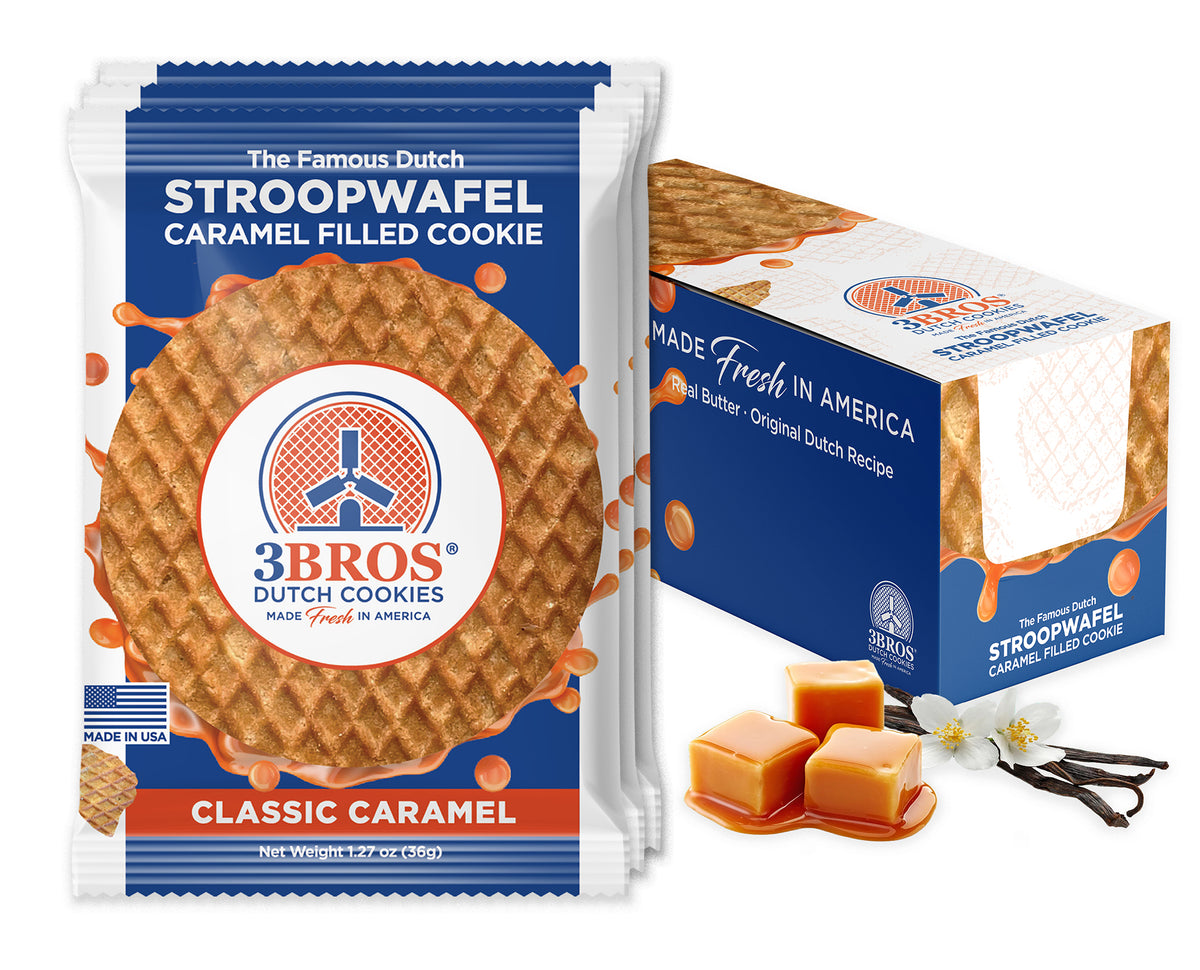 3 Bros Classic Caramel Stroopwafel 20-count box with individually wrapped waffle