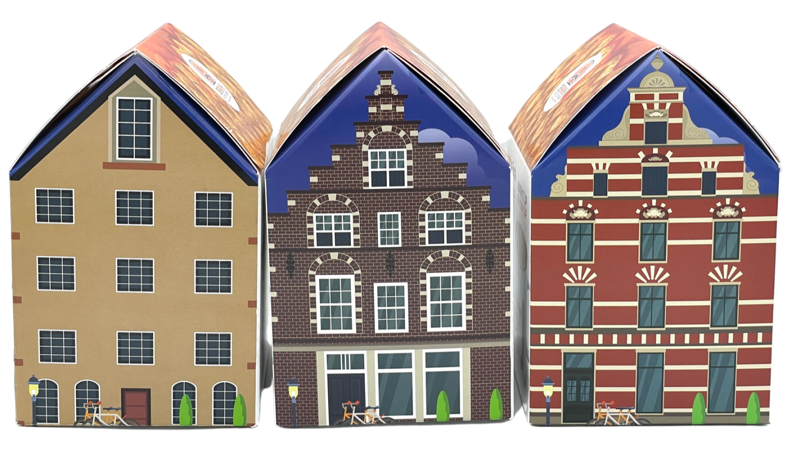 The 3 Bros Stroopwafel Canal House Box Set, packaging shaped like Amsterdam canal houses