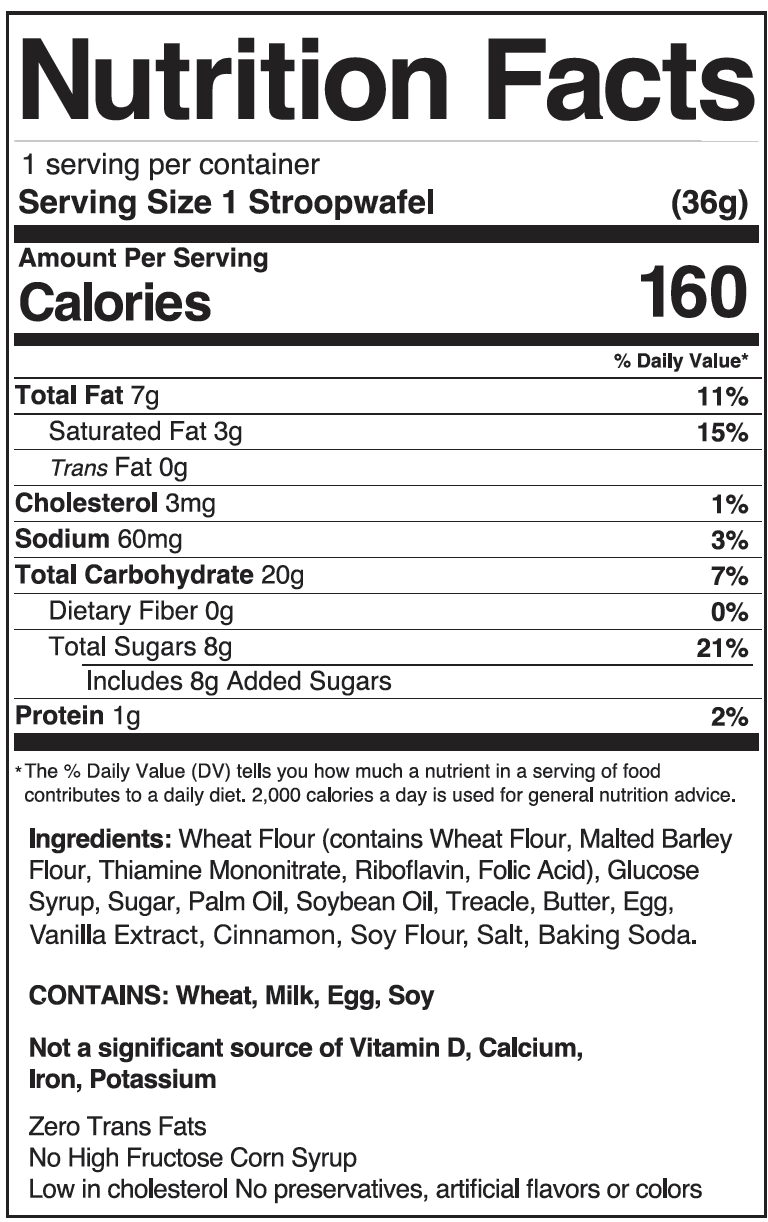 Nutrition Facts for 3Bros classic caramel stroopwafels