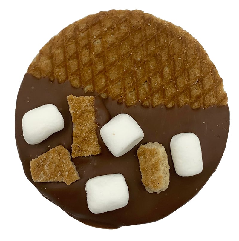The 3Bros s'mores stroopwafel, dipped in Belgian milk chocolate with Snippers and Marsmallows