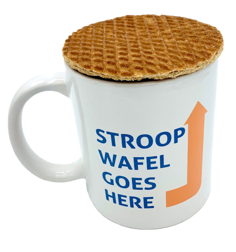 The 3Bros "Stroopwafel Goes Here" coffee mug with a 3Bros stroopwafel on the rim