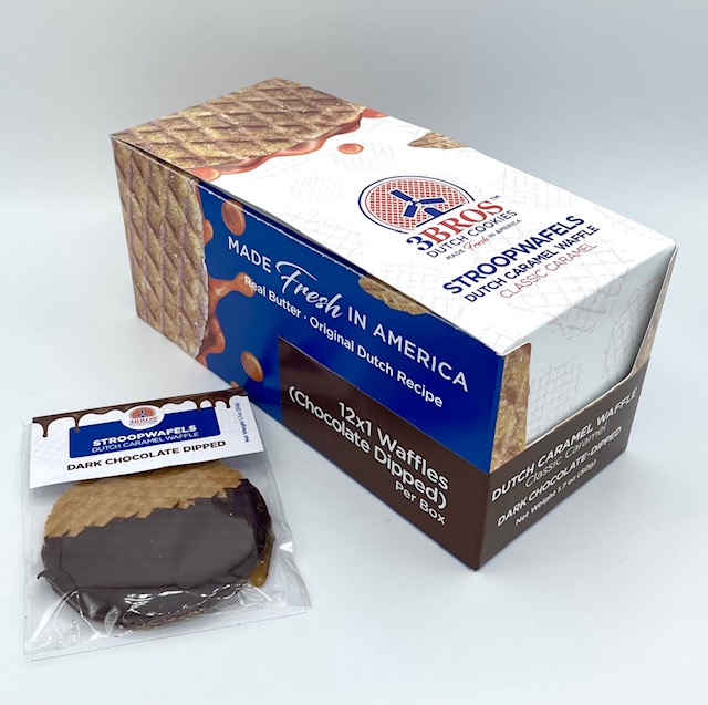 A box of 3Bros Stroopwafels dipped in Dark Chocolate