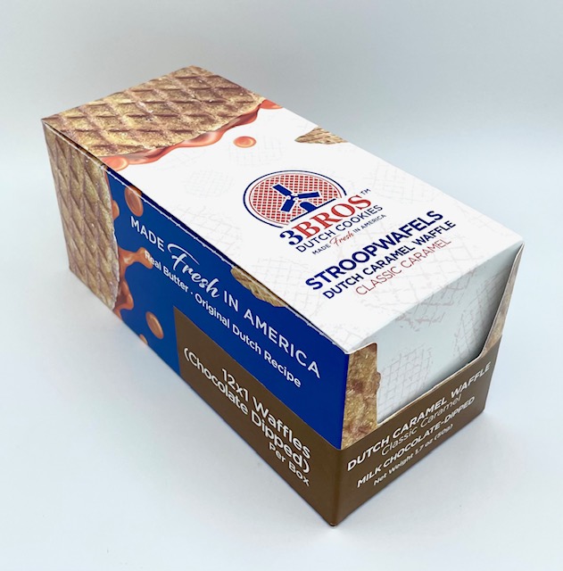 A box of 3Bros Stroopwafels dipped in Milk Chocolate