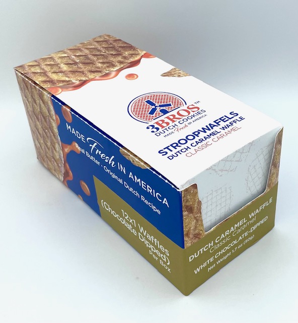 A box of 3Bros Stroopwafels dipped in White Chocolate