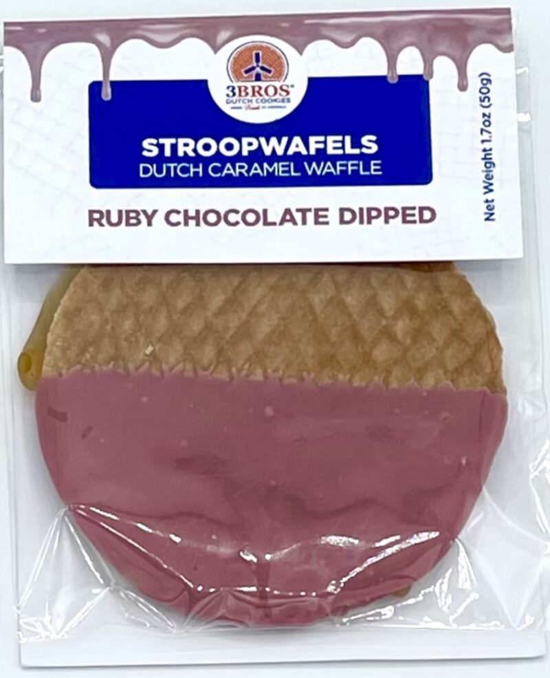 A 3Bros Stroopwafel dipped in Ruby Chocolate