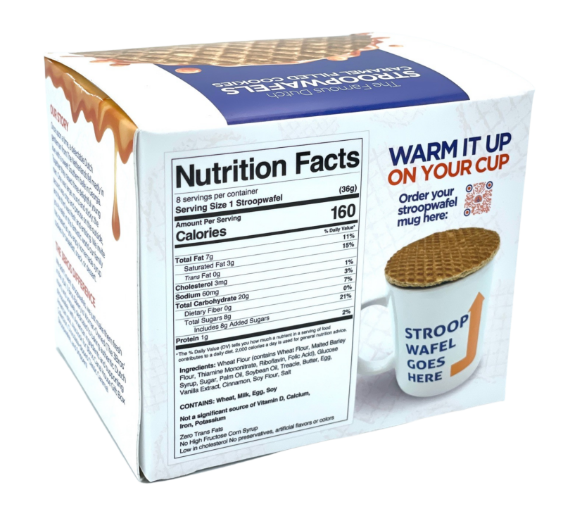 A box of 3Bros Classic Caramel Stroopwafels showing nutrition facts