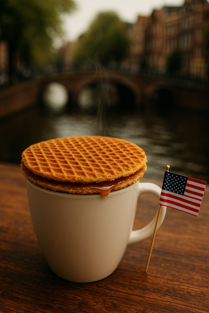 A stroopwafel and a cup of coffee at a Canal in Amsterdam